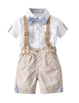 A22166 – Niño Set Tres Piezas Camisa Blanca Short Marrón Claro – 4A