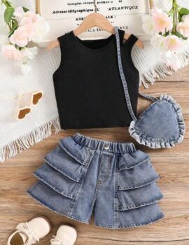 A26377 – Conjunto Top Negro Con Short De Jean Y Cartera – 7A