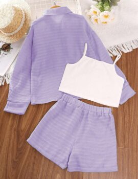 A26541 – Conjunto Casual Morado Short/Camisa/Top – 8A