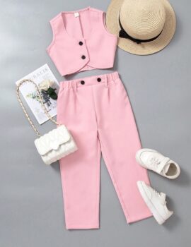 A26855 – Conjunto Top Rosado Con Botones Y Pantalon Rosado – 10A