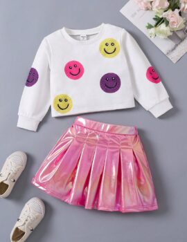 A27278 – Conjunto Sweaters Con Caritas Falda Metalizada Rosada – 5A