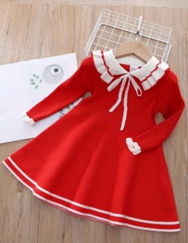 A27923 – Vestido Rojo Manga Larga Con Bordes Blancos – 5A