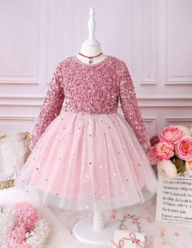 A28171 – Vestido Rosado Manga Larga Con Lentejuela Y Tull – 4A