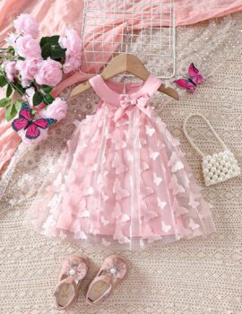 A28194 – Vestido Rosado Con Apliques De Mariposa – 2A