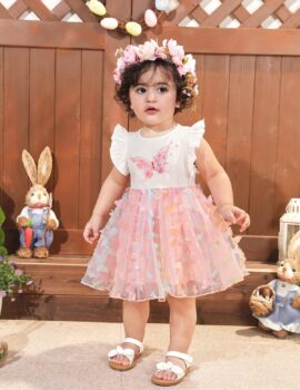 A28189 – Vestido Blanco Con Rosado Y Aplicaciones – 6A