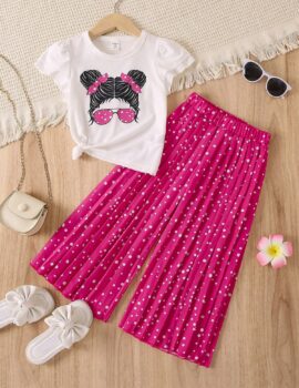 A28225 – Conjunto Franela Blanca Estampada Con Pantalon Fucsia – 7A