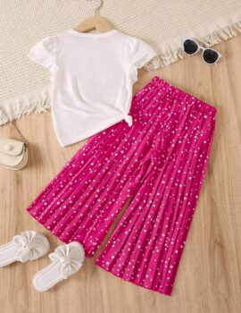 A28225 – Conjunto Franela Blanca Estampada Con Pantalon Fucsia – 7A