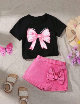 A28284 – Conjunto Franela Negra Falda Short Fucsia – 6A