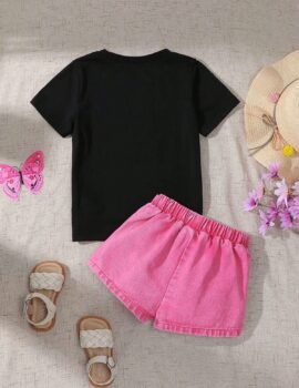 A28284 – Conjunto Franela Negra Falda Short Fucsia – 6A