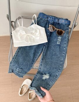 A28292 – Conjunto Top Blanco Pantalon De Jean Recto – 6A