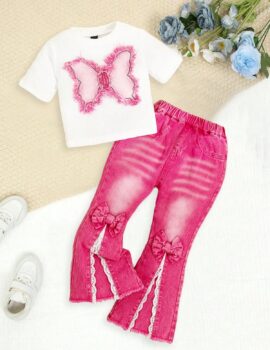 A28245 – Conjunto Blusa Blanca Con Mariposa Y Pantalon Acampanado Rosado – 7A