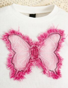 A28245 – Conjunto Blusa Blanca Con Mariposa Y Pantalon Acampanado Rosado – 7A