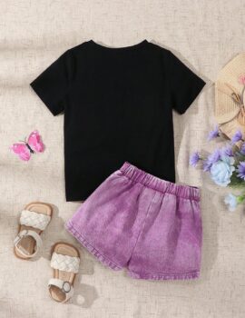 A28318 – Conjunto Franela Negra Falda Short Morada – 6A