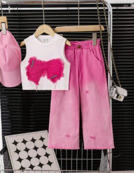 A28351 – Conjunto Blusa Blanca Con Pantalon Fucsia Degradado Recto – 5A