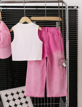 A28351 – Conjunto Blusa Blanca Con Pantalon Fucsia Degradado Recto – 5A