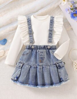 A28362 – Conjunto Jumper De Jean Con Blusa Blanca – 5A