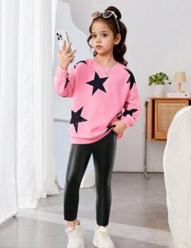 A28437 – Conjunto Leggins Cuerina Y Blusa Rosada Con Estrellas – 10A