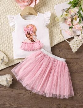 A28450 – Conjunto Blusa Blanca Estampada Con Tutu Rosado – 5A