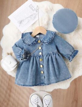 A28494 – Vestido De Jean Manga Larga Con Boina  – 12M