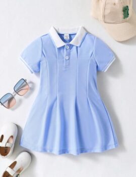 A28512 – Vestido Tipo Polo Azul Claro Con Manga – 18M