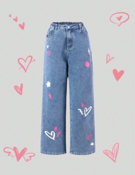 A28682 – Pantalon De Jean Recto Estampado Con Corazones Y Estrellas – 9A